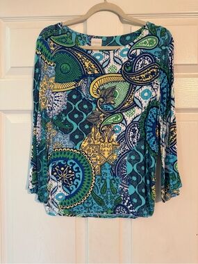 Chico's Blue, Green & Yellow Paisley-Print Long Sleeve Top